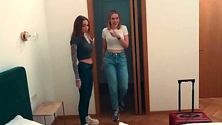 Lucky guy lays in bed with two busty stepsisters and ends up fucking both