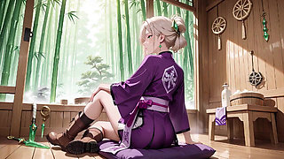 Purple Kimono Warrior! Forbidden Teasing in the Japanese Dojo. Kneeling with a Lifting Her Hem to Reveal Secrets.