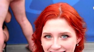 Redhead Alice's Wild Bukkake Gangbang with Cum Swallowing