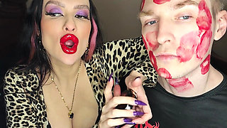 Juicy Sticky Loud Aggressive Kisses All Over a Guy's Face with Red Lipstick