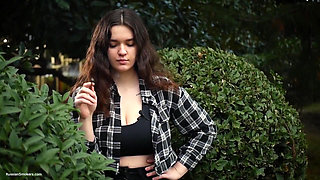 Sweet and Busty Russian Babe Smoking Cigarette in Nature