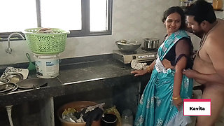 Desi Indian Kavita Maid fuck with Houseowner Tatya in kitchen , pussy licking, licking ass, missionary, doggystyle , hindi audio