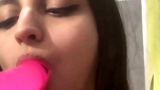 Hot daughter hides from her parents and Sucks a Dildo