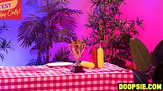 Lesbian Ebony babe fucks two competitors