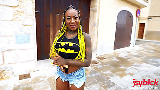 Hunt for a spot to bang leads to ebony babe Josy Black getting her ass pounded and filled with cum in a historic Spanish fortress by a stranger with a massive cock