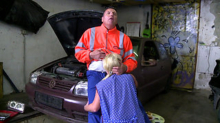 Busty tattooed MILF enjoying in hard fuck in the garage