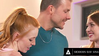 Two hot stepdaughters sharing their stepdad big dick in a wild threesome