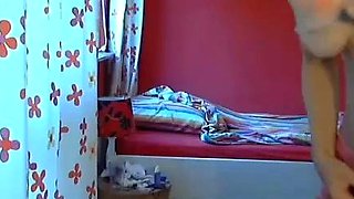 Brunette amateur babe strips off and masturbates