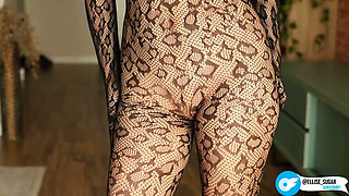 I'm Posing in a Black Fishnet Bodysuit and Heels, Pleasuring Myself with My Fingers