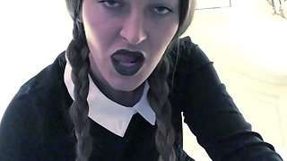 Braided ash-blonde in dark-hued dress likes to masturbate
