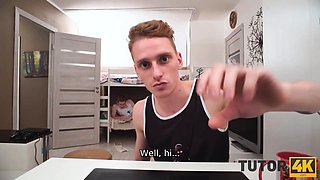 Tutor4k. wise aleck spills tea on mature teacher's clothes and seduces her