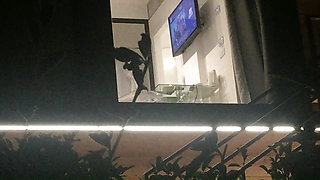 Caught horny couple fucking through open hotel window, peeking hot milf blowjob