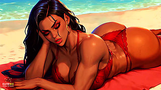 4K 100% Ai Generated 3D Soft Looping Pmv: Dark-skinned Thick Ass Gentle Twerk on Tropical Beach in Sexy Bikinis