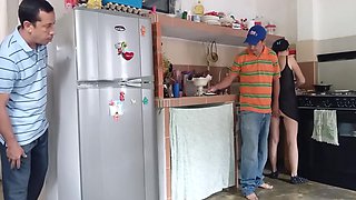 The Cuckold Looks Surprised As His Stepdad Fucks Me Hard In The Kitchen While I Swallow His Milk
