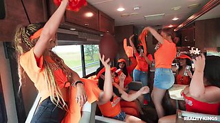 Crazy College GFs: Horny Cheerleaders Traveling Fan Fuck Fest with Brunette Emerald Loves - Threesome Orgy