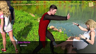 Swimsuit babe with big boobs playing through a hot game