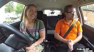 Big slut fucked by instructor outdoors in car in public