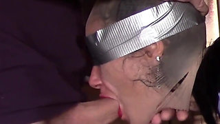 Hooded in Nylon, Blindfolded with Duct Tape, Facialized, and Cummed in Mouth