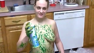 Sexy Big Tits Brunette Strips and Plays with Applesauce and Whip Cream