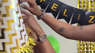 Two Cute Young Women Celebrate Stepdaddy's Birthday, Real Homemade Threesome