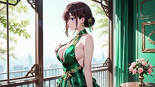 From sun-drenched balconies to starry terraces, she wears a stunning green halter gown that screams elegance and tease.