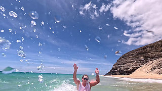 Girl Wetting Jeans in the Ocean and Swimming in Wet White T-shirt