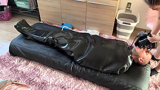 Wife Punishes Her Slave in Full-body-inflate Latex Bag - Estim - Restricted Breathing - Bagged
