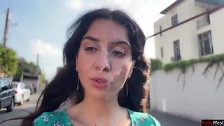 Katty West Brunette Blowjob: Outdoor Public Cumwalk with 3 Guys Facial