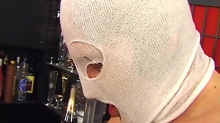 Busty Blonde Nurse Drains Masked Stranger in Bar
