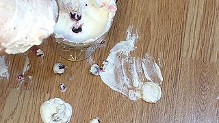 Playing with a whipped cream fruit bowl with my feet