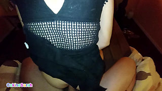 I lift her skirt and pull aside her thong to fuck her ass