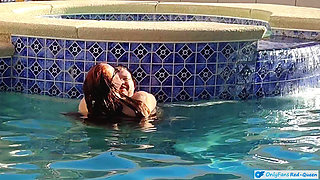 Hot Long Haired Ginger MILF Taking a Dip and Fucking in Outdoor Pool