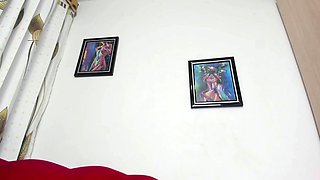 Busty curly brunette with big boobs fucks on couch