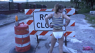 Shy waitress gets naked at a construction site