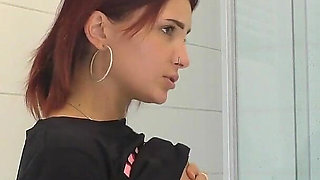 Hot Petite Redhead Real College Girl Spits on Her Hand and Masturbates in the Bathroom in a Mini Short Skirt