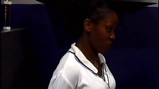 Merry chocolate student helps her teacher to relax on the work table