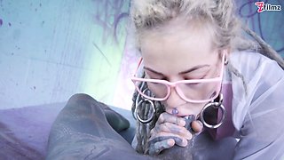 Tattood Girl with Glasses and Buttplug Fucks a Tattooed Dick, DP, Facial