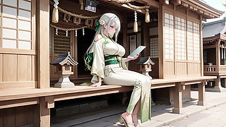 Silver-Haired Shrine Maiden Secrets! Languidly reclining in a red corridor, her bare shoulders and lush thighs exposed.