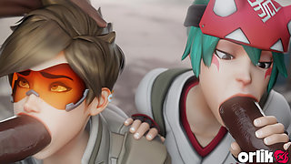 Tracer & Kiriko - Big Black Cock Sloppy Blowjob & Cowgirl 3D Animation