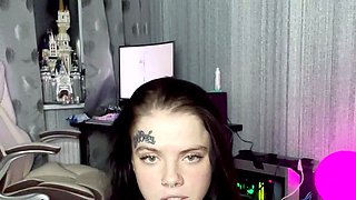 Busty curly brunette with big boobs fucks on couch