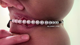 Pearl Thong in Shaved Pussy Close up