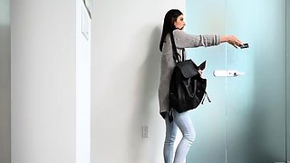 Amateur busty brunette masturbates and does hand job