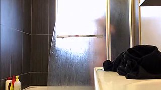 Peeking at my curvy tattoo stepmom showering