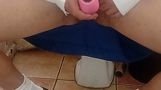 19 Year Old College Girl in Uniform Play with Vibrator in Mini Skirt in Toilet