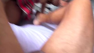 Busty tattooed Latina in sexy schoolgirl skirt shows off her giant tits and big ass