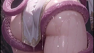 White-haired Elven Priestess with Worm Monster, Anime Hentai