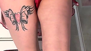 Beautiful Brunette with Big Tits in the Bathroom Takes Her Red Satin Thong to Flash Her Tight Meaty Pussy and Naked Ass