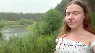 Teen Shows Tits and Asshole During a Storm in the Forest