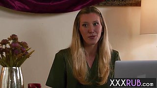 Lesbos Charlotte Sins and Scarlett Bloom poked massagist Addison
