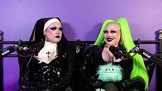Latex mask lesbian babes have strapon sex